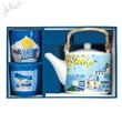 Porcelán teáskanna 600ml, fémszűrővel, 2 porcelán pohárral 160ml, dobozban, Sea Dreams, Atmosphere