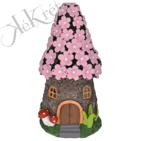 Házikó fatörzsben, virágokkal LED világítással, 7,8x7,4x15 cm