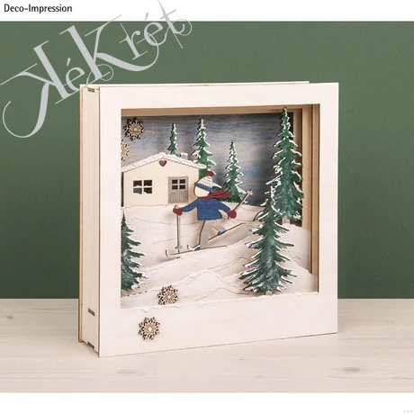 Fa építőkészlet, 3D-s keret, natúr, 24x24x6,3cm, síelők, 20-darabos