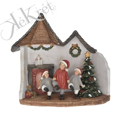 Téli jelenet táncoló gyerekek a kandalló előtt, LED-es 24x10x22cm